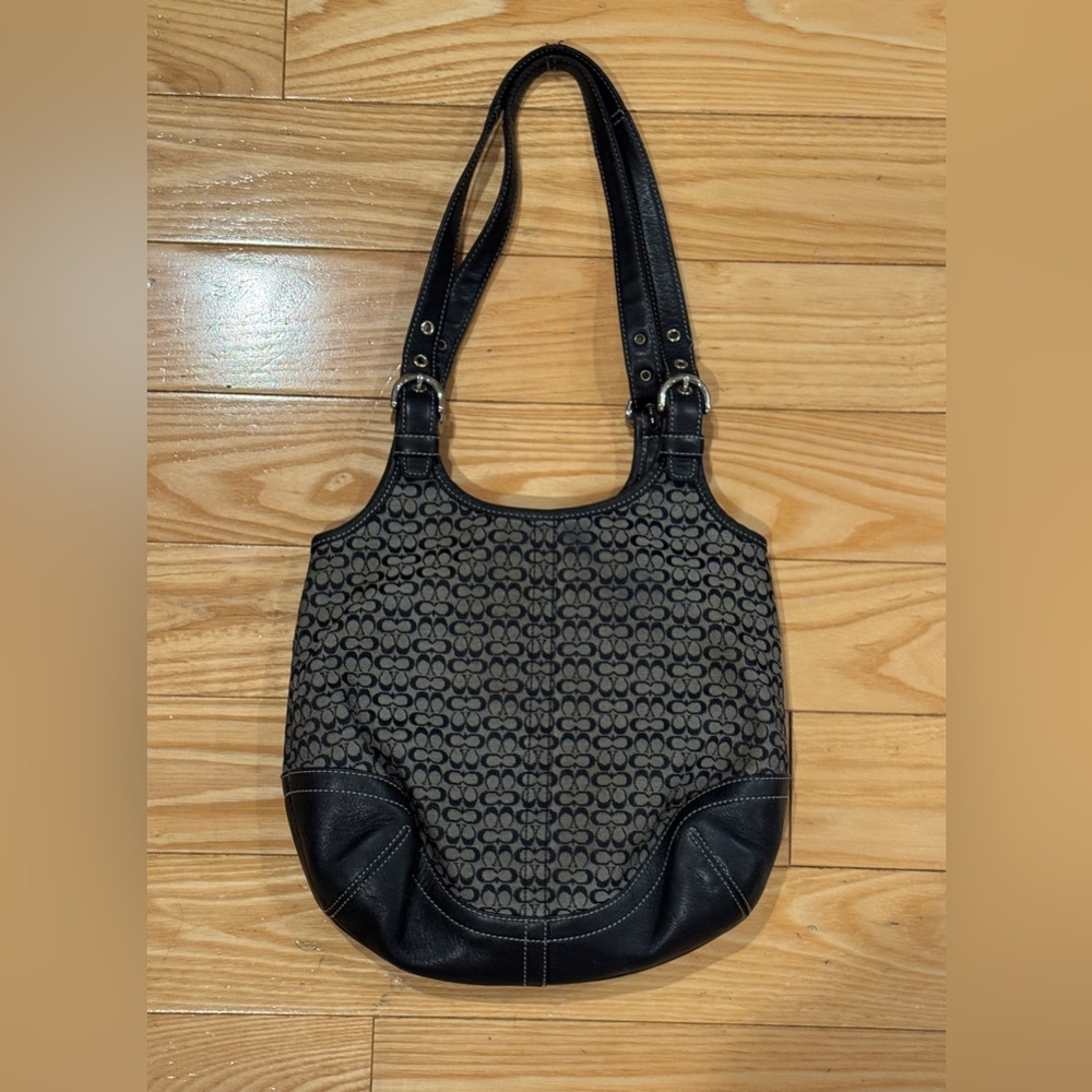 Vintage Coach Soho Black Leather and Canvas Monogram Logo Shoulder Bag